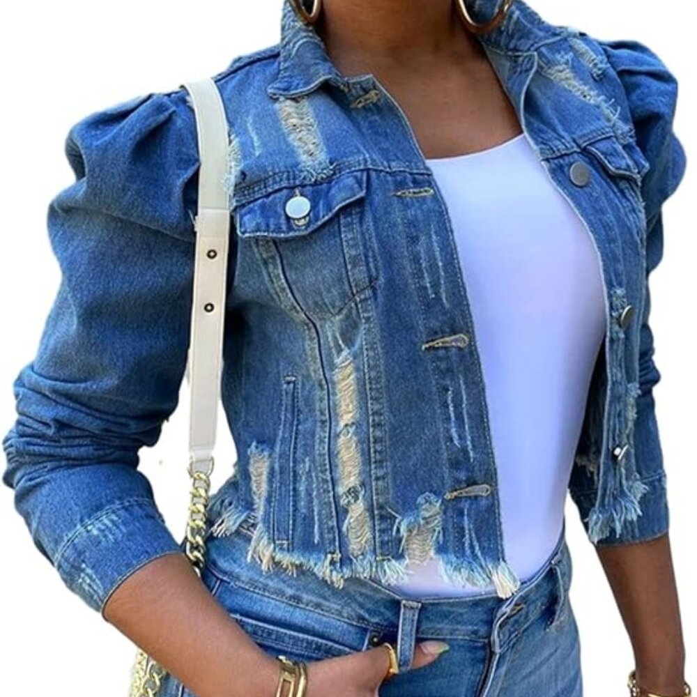 Omoone Women's Ripped Puff Sleeve Denim Crop Top Long-Sleeve Cropped Jean Jacket